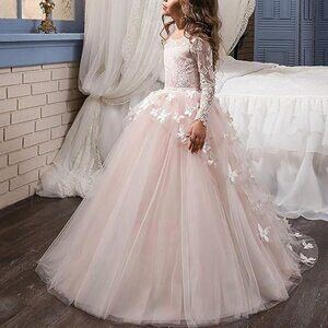 NWOT Lovely Flower Girl Dress Lace Long Sleeve Gown Pink, Size 2